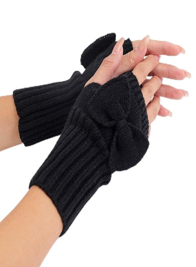 CABODYALS 2 Pairs Black Thumb Hole Gloves Winter Soft Bowknot Arm Warmers Sleeves Knitted Crochet Fingerless Knit Hand Wrist Mittens Bulk for Women Painting Texting Driving Keyboard Cycling Supplies - Image 1